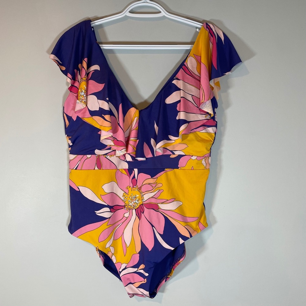 Trina‎ Turk Breeze Ruffle Plunge One Piece Swimsuit Purple Yellow Pink Size 14